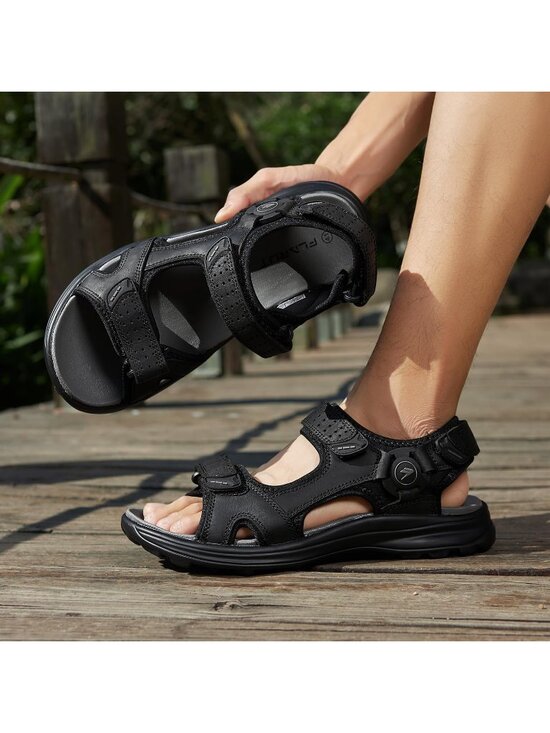 Men\'s Black Adjustable Strap Open Toe Leather Athletic Sport Hiking Sandal Shoes main image 4